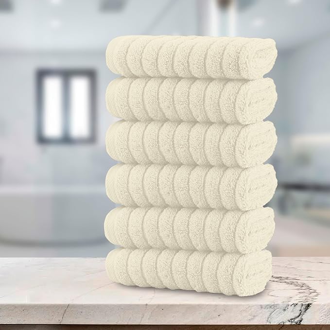 Elegant Comfort 100% Turkish Cotton Corduroy Ribbed Luxury Washcloths 6 Pack Soft 13 x 13 Inch - Higly Absorbent, Durable, Quick Dry, Spa Premium Hotel Quality for Bathroom or Travel, Ivory