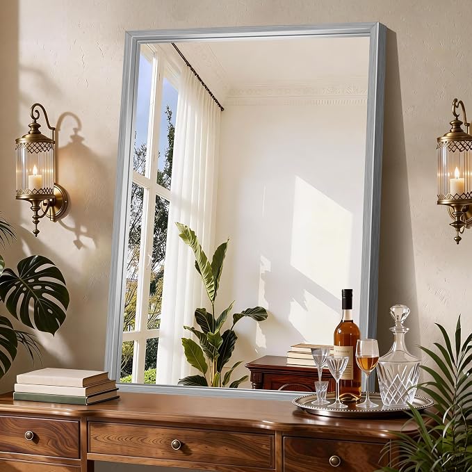 CIRCUMI 30"x42" Brushed Silver Bathroom Mirror, Rectangular Vanity Mirror | Chunky Box Metal Frame, Shatterproof, Tempered Glass, Bathroom Remodel&New Home,Wall Mirror for Over Sink,Living Room,Hallway