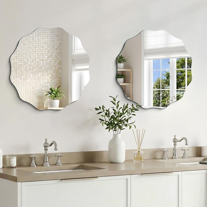 CILIBER Wavy Mirror for Wall, 20'' Scalloped Frameless Round Mirror, 3mm Tempered Glass Decorative Bathroom Vanity Mirror, Mounting/Leaning for Mantel, Living Room, Bedroom and Entryway