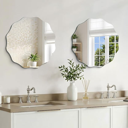 CILIBER Wavy Mirror for Wall, 20'' Scalloped Frameless Round Mirror, 3mm Tempered Glass Decorative Bathroom Vanity Mirror, Mounting/Leaning for Mantel, Living Room, Bedroom and Entryway