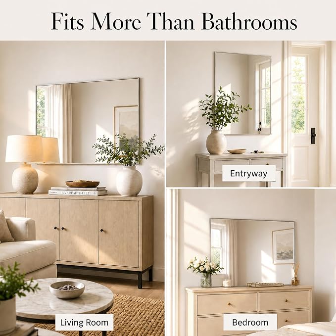 30"x36" Brushed Nickel Framed Rectangle Bathroom Vanity Wall Mirror | Over-Sink Vanity Mirror, Slim Metal Frame, Entryway or Dresser Use, Vertical/Horizontal Mount, Tempered Glass