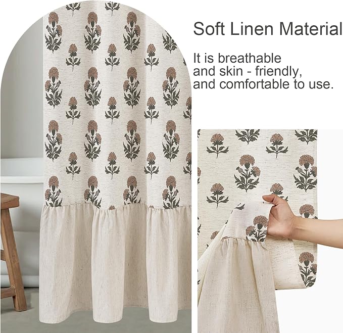 ORTIGIA Linen Textured Ruffle Shower Curtain with Metal Hooks, Vintage Terracotta Brown Floral Block Print Boho Waterproof Bath Curtain for Rustic Farmhouse Bathroom Decor 72x72 Inch