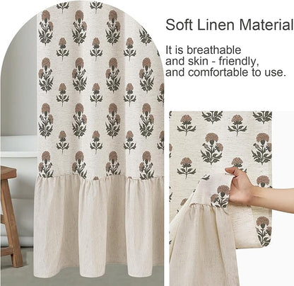 ORTIGIA Linen Textured Ruffle Shower Curtain with Metal Hooks, Vintage Terracotta Brown Floral Block Print Boho Waterproof Bath Curtain for Rustic Farmhouse Bathroom Decor 72x72 Inch