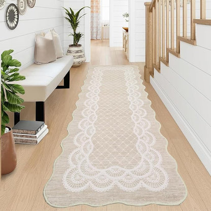 GarveeHome Hallway Rug 2x6 Scalloped Kitchen Runner Rug, Non-Slip Modern Bordered Bedside Rug, Non-Shedding Scalloped Carpet Runner for Laundry Room, Bedroom, Living Room, Beige