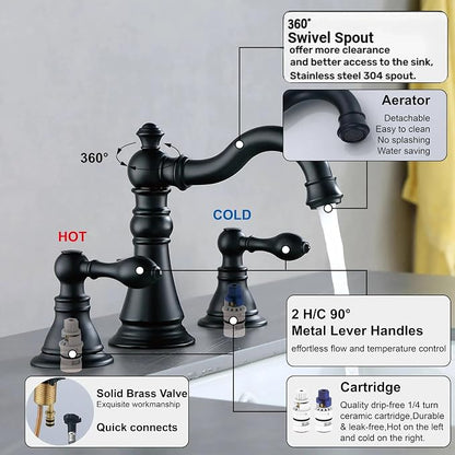 Two Handle Bathroom Sink Faucet Matte Black 3 Hole with Pop up Drain,High Arc Lavatory 8 Inch Widespread Bathroom Faucet,F-8805P-MT