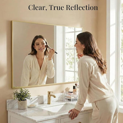 48"x30" Satin Gold Large Framed Bathroom Vanity Wall Mirror | Large Vanity Wall Mirror, Slim Metal Frame, Dresser or Sideboard Use, Vertical/Horizontal Mount, Tempered Glass