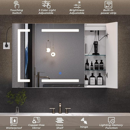 Hasuit Lighted Medicine Cabinet with Mirror, Wall Mounted Bathroom Mirror with Storage, 3 Doors Bathroom Wall Cabinet with LED Lights, 39.4'' x 23.6''