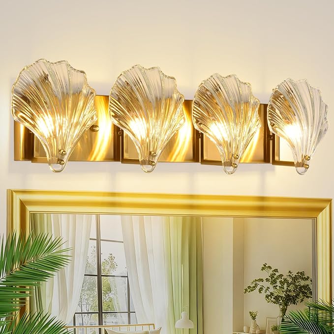 Bathroom Light Fixtures, 4-Lights Vanity Lights Over Mirror, Modern Bathroom Wall Light with Clear Shell Shaped Glass Shades, Gold Crystal Wall Light for Bedroom Living Room Hallway Kitchen