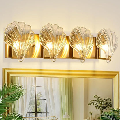 Bathroom Light Fixtures, 4-Lights Vanity Lights Over Mirror, Modern Bathroom Wall Light with Clear Shell Shaped Glass Shades, Gold Crystal Wall Light for Bedroom Living Room Hallway Kitchen