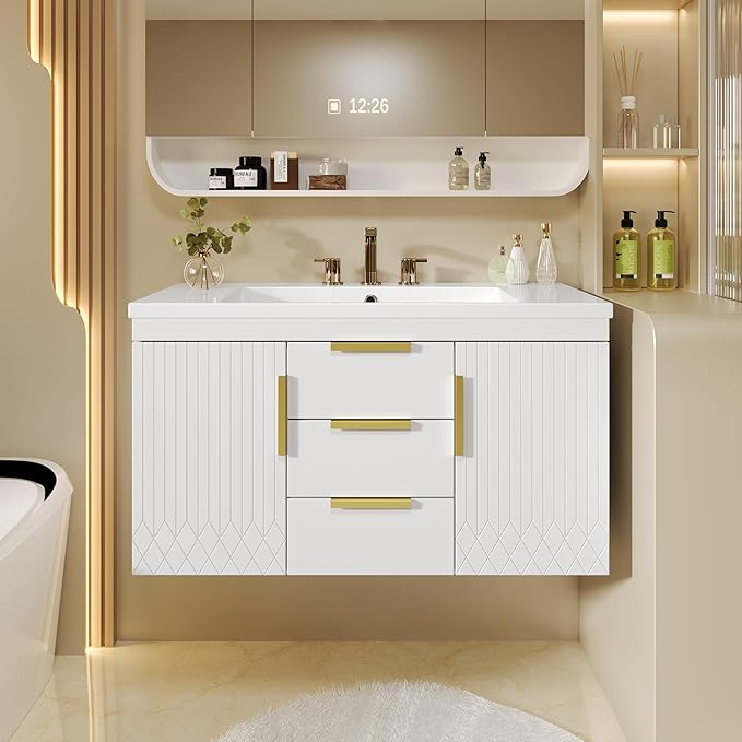 36'' Wall Mounted Bathroom Vanity, Floating Bathroom Storage Cabinet with 2 Drawers, Solid Wood Cabinet,White