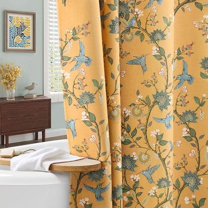 Mustard Yellow Cotton Floral Shower Curtain,Vintage Anthropologie Shower Curtains for Bathroom,72Wx84H