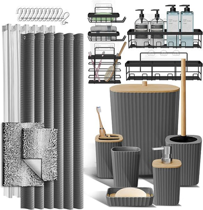 Clara Clark Bathroom Accessories Set - 27PC Bathroom Set with Adhesive Corner Shower Caddy Hanging, Bathroom Sets with Shower Curtain and Rugs, Ombre Grey Shower Curtain Set with Bathroom Trash Can | 27 Piece Ombre Grey Bathroom Sets with Shower Curtai...