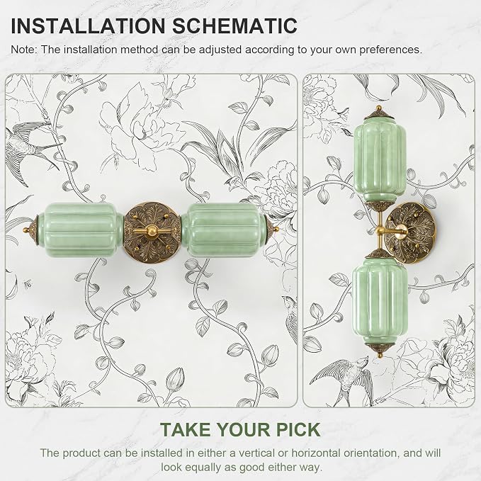 Vintage Milk Glass Bathroom Vanity Light, 2-Light Vintage Wall Sconce with Antique Brass Finish Base & Green Glass Shad, Wall Sconce Lighting for Mirror, Living Room, Gallery (Bulbs Included)