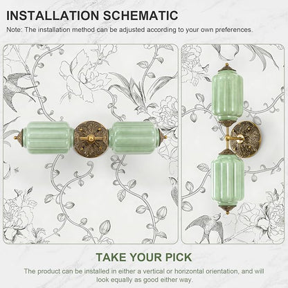 Vintage Milk Glass Bathroom Vanity Light, 2-Light Vintage Wall Sconce with Antique Brass Finish Base & Green Glass Shad, Wall Sconce Lighting for Mirror, Living Room, Gallery (Bulbs Included)