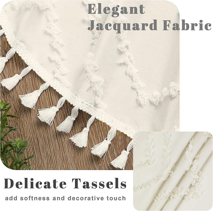 Boho Shower Curtain, Beige Fabric Cloth Shower Curtains Farmhouse Tufted Chevron Striped Textured with Tassel for Bathroom, Soft Hotel Style Modern Minimalist, Machine Washable, 72x72, Beige