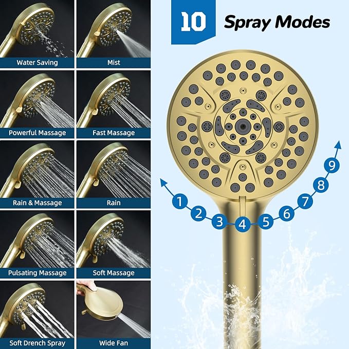 Hibbent cUPC Certified High Pressue 13'' Rainfall Shower Head with 5-Spray | Shower Heads with Handheld 10-Spray Combo, All Metal Easy Reach 4-way Diverter Arm, 71'' Hose & Holder, Brushed Gold