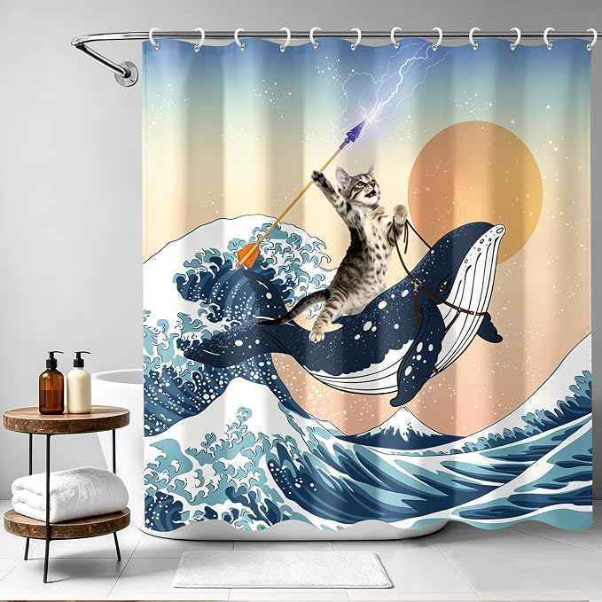 Aimego Funny Shower Curtain Brave Cat Holding Trident Riding Whale in Ocean Wave, Shark Cat Shower Curtain Set with 12 Hooks for Bathroom Decor Accessories Bathtub Curtain, 72"x72"