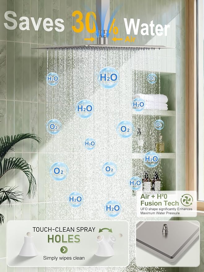 Woindo Shower Faucet Set, 10" Ceiling Mount Rainfall Shower System with 2 Rain Shower Head and Multi-function Handheld Head Push Button Diverter Shower Faucet Trim Kit