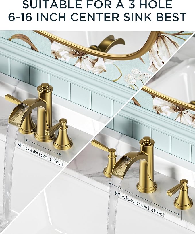 FORIOUS Brushed Gold Bathroom Faucet 3 Hole Widespread, Two Handle Antique Brass Waterfall Bathroom Faucet Gold 3 Hole for Vanity with Metal Drain Kit and Pre-Assembled CUPC Hose and All Tools