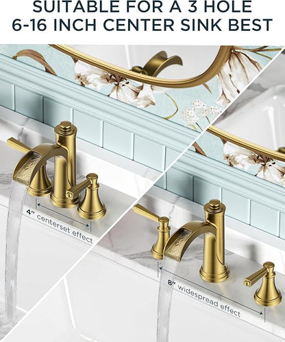 FORIOUS Brushed Gold Bathroom Faucet 3 Hole Widespread, Two Handle Antique Brass Waterfall Bathroom Faucet Gold 3 Hole for Vanity with Metal Drain Kit and Pre-Assembled CUPC Hose and All Tools