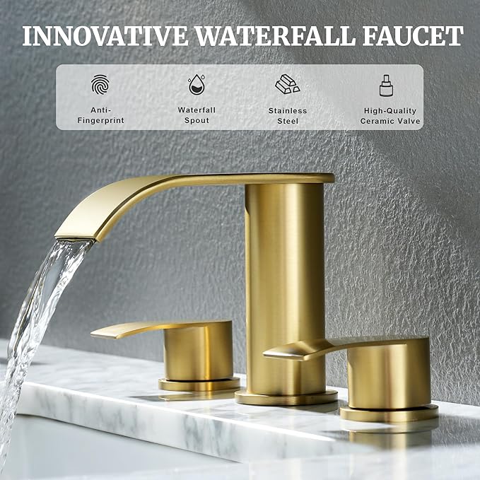 Ultimate Unicorn 8 inch Bathroom Faucet Brushed Gold, Waterfall Bathroom Faucet with Metal Pop-up Sink Drain Stopper and 2 Supply Hoses,2 Handle Widespread Faucets for Vanity Sink 3 Holes (Pack of 2)