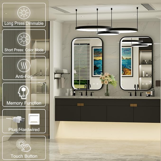 24x36 Inch LED Bathroom Mirror with Lights, 3 Color Temperatures | Stepless Dimmable, Anti-Fog, Memory, ETL Listed, Black Aluminum Frame, Wall Mounted, CRI 95+, for Bedroom/Dressing Room