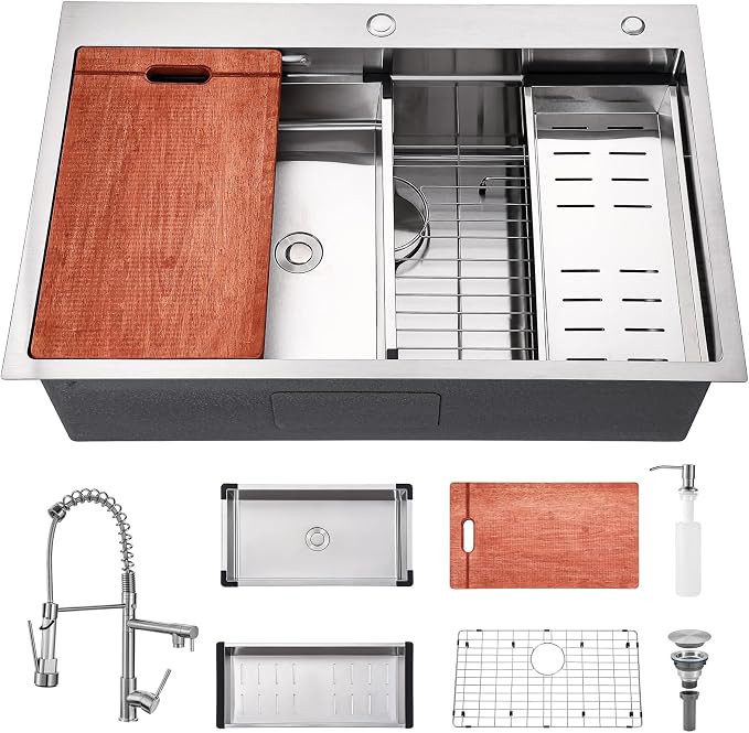 33x22 Drop In Kitchen Sink with Faucet Combo Modern Large Stainless Steel Kitchen Sinks 33 Inch Top Mount Single Bowl Workstation Sink