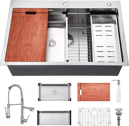 33x22 Drop In Kitchen Sink with Faucet Combo Modern Large Stainless Steel Kitchen Sinks 33 Inch Top Mount Single Bowl Workstation Sink