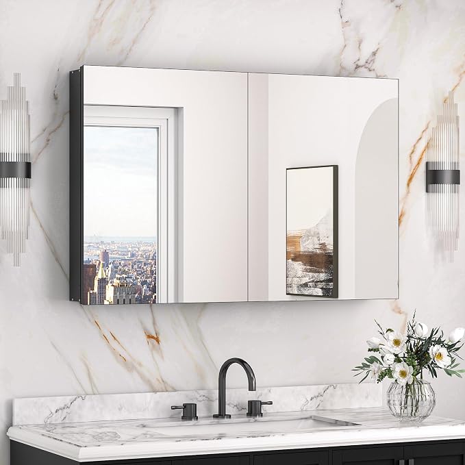Keonjinn 40"x 26" Large Black Medicine Cabinet Mirror, HD Tempered Glass | Assembly Needed, Lightweight Aluminum Frame, Freely Adjustable Shelves, Surface Mount or Recessed, Soft Close, 3 Doors