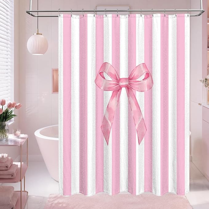 Tititex Cute Candy Cane Striped Pink Bow 140gsm Faux Linen Fabric Shower Curtain, Elegant Classic Shower Curtain Sets Decoration 72x72 Inch with Hooks