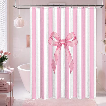 Tititex Cute Candy Cane Striped Pink Bow 140gsm Faux Linen Fabric Shower Curtain, Elegant Classic Shower Curtain Sets Decoration 72x72 Inch with Hooks
