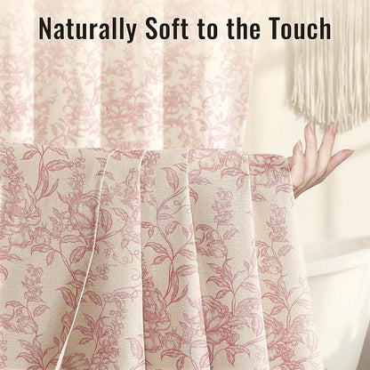 Farmhouse Pink Floral Shower Curtain with 12 Clear Rings 72"W x 72"L | Boho Fabric Faux Linen Shower Curtain Set, Vintage Cottagecore Shower Curtain for Bathroom