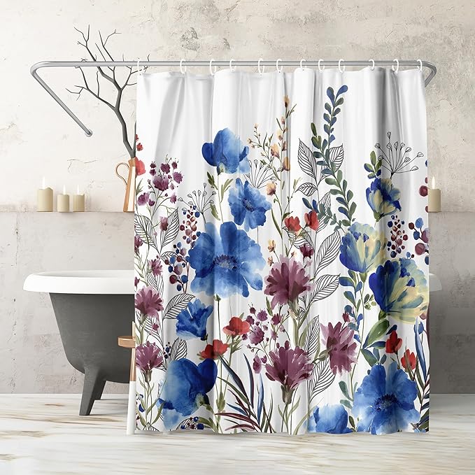 Americanflat 71x74 Floral Shower Curtain - Water-Resistant Long Shower Curtain with Metal Grommets and 12 Hooks - 100% Polyester - Botanical Bathroom Curtains - Blue, Purple, Crimson, Green and White