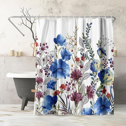 Americanflat 71x74 Floral Shower Curtain - Water-Resistant Long Shower Curtain with Metal Grommets and 12 Hooks - 100% Polyester - Botanical Bathroom Curtains - Blue, Purple, Crimson, Green and White