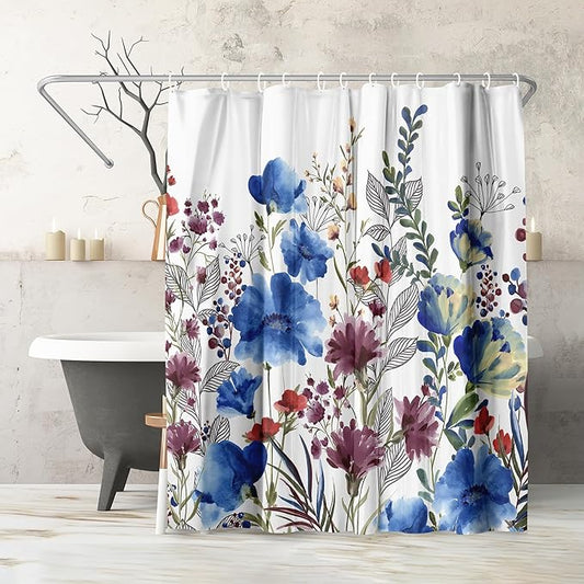Americanflat 71x74 Floral Shower Curtain - Water-Resistant Long Shower Curtain with Metal Grommets and 12 Hooks - 100% Polyester - Botanical Bathroom Curtains - Blue, Purple, Crimson, Green and White