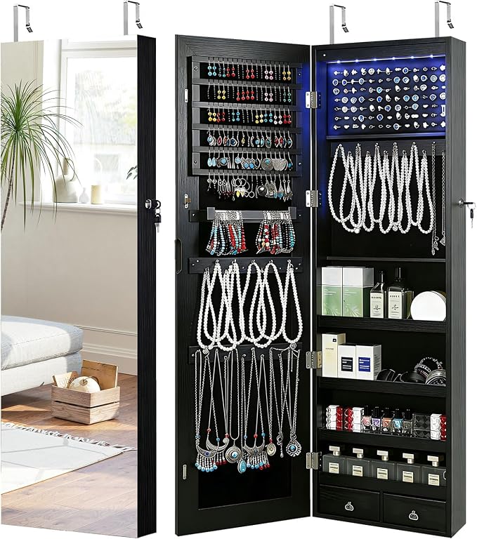 GISSAR Full Length Mirror Jewelry Cabinet, 6 LEDs Jewelry Armoire Wall Mounted Over The Door Hanging, Jewelry Organizer Storage with Lights Lockable, Black, 14.6" x 47.2"