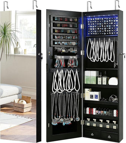 GISSAR Full Length Mirror Jewelry Cabinet, 6 LEDs Jewelry Armoire Wall Mounted Over The Door Hanging, Jewelry Organizer Storage with Lights Lockable, Black, 14.6" x 47.2"