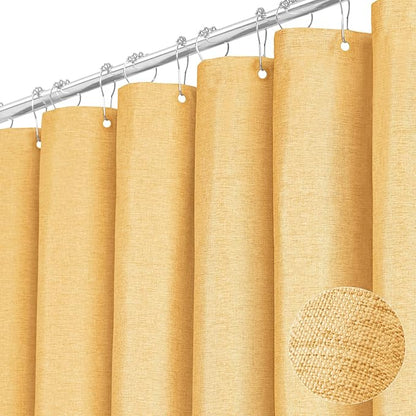 BTTN 78 Inch Long Shower Curtain - Linen Textured Heavy Duty Fabric Shower Curtain Set with 12 Plastic Hooks, Wrinkle Free, Machine Washable, Neutral Cloth Spa Bath Curtains for Bathroom, 72x78, Gold