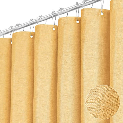 Long Linen Textured Waterproof Thick hower Curtain Set, 72x84, Gold | Tall Size, 230GSM Polyester, Heavy Duty Cloth, Weighted Hem, 12 Plastic Hooks, Modern Luxury Hotel Style, Machine Washable