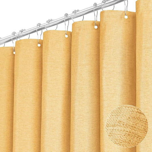 Long Linen Textured Waterproof Thick hower Curtain Set, 72x84, Gold | Tall Size, 230GSM Polyester, Heavy Duty Cloth, Weighted Hem, 12 Plastic Hooks, Modern Luxury Hotel Style, Machine Washable