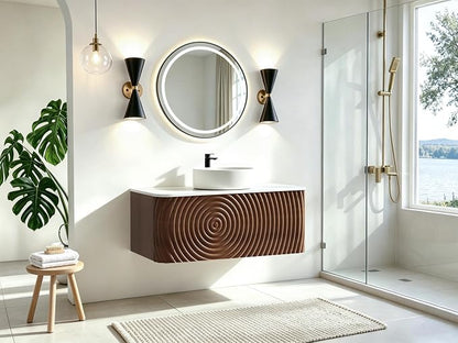 36" Floating Bathroom Vanity with Sink, Mid-Century Wall Mounted Bathroom Vanity Cabinet with Waved Decor, Ceramic Vessel Basin, Sintered Stone Top, Soft Close Storage Drawer, Walnut