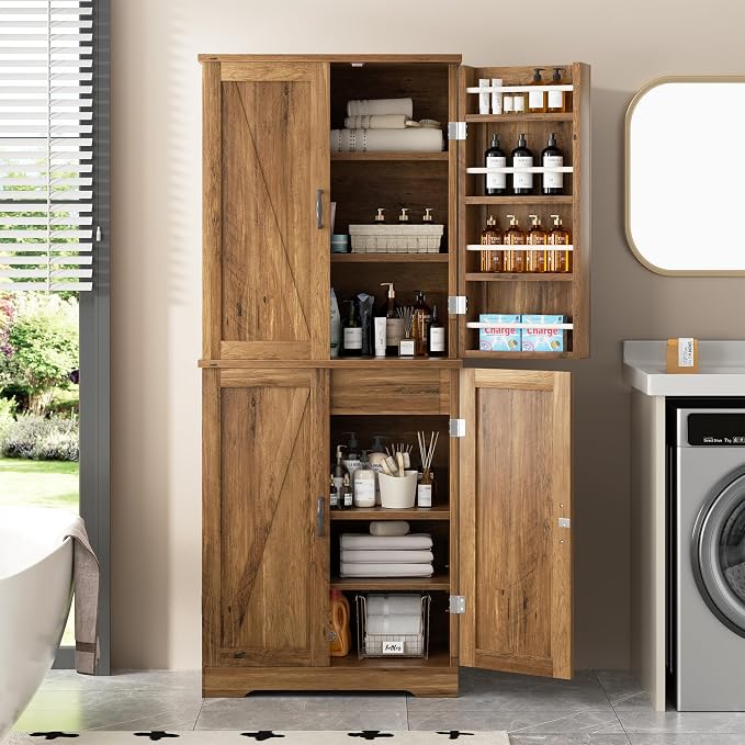Shintenchi Kitchen Pantry Cabinet, Farmhouse Tall Cupboard, Rustic Brown | Freestanding, with 8 Door Shelves, 2 Cabinets and 1 Drawer, for Kitchen, Living Room, Dining Room and Bathroom