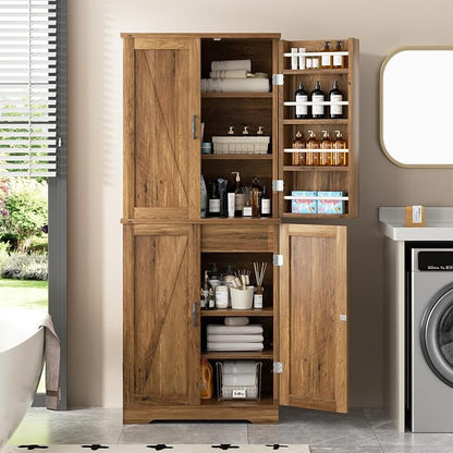 Shintenchi Kitchen Pantry Cabinet, Farmhouse Tall Cupboard, Rustic Brown | Freestanding, with 8 Door Shelves, 2 Cabinets and 1 Drawer, for Kitchen, Living Room, Dining Room and Bathroom