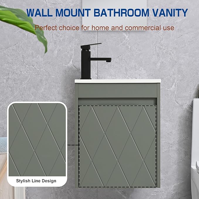 16" Bathroom Vanity Sink Combo for Small Space, Wall Mounted Bathroom Cabinet Set with White Resin Basin Sink Top Black Faucet Pop Up Drain Green