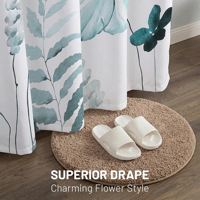 No Hook Floral Shower Curtain with Liner, Seaweed Green, 71x74 | Snap in Liner, 3 in 1, Water Repellent, Easy Install, Machine Washable, Hotel Style for Bathroom, Watercolor Pattern