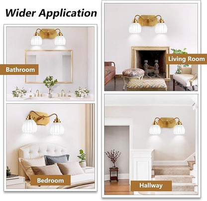 Vintage Gold Vanity Lights, 2 Light Milk White Tulip Crystal | Antique Brass Finish, Brushed Gold Bathroom Light Fixtures, Wall Sconce Ideal for Bedroom, E26 Compatible, Easy Install