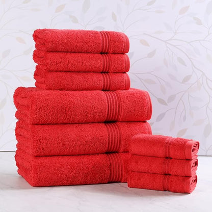 SUPERIOR Egyptian Cotton 9-Piece Towel Set, Assorted Towels for Home Bathroom, Master, Guest Bath, Decor Essentials, Includes 3 Bath, 3 Hand, 3 Face Towels/Washcloths, Quick Dry, Absorbent, Red
