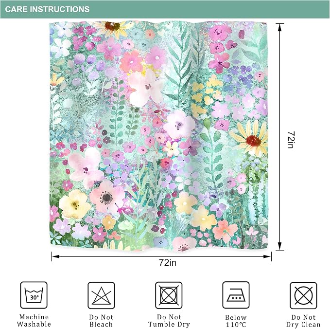Teal Floral Cute Wildflower Watercolor Boho Art Bathroom Shower Curtain Set | 72"W x 72"H Leaves Botanical; waterproof HD print, quick-dry fabric with 12 hooks for easy hanging.