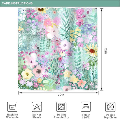 Teal Floral Cute Wildflower Watercolor Boho Art Bathroom Shower Curtain Set | 72"W x 72"H Leaves Botanical; waterproof HD print, quick-dry fabric with 12 hooks for easy hanging.