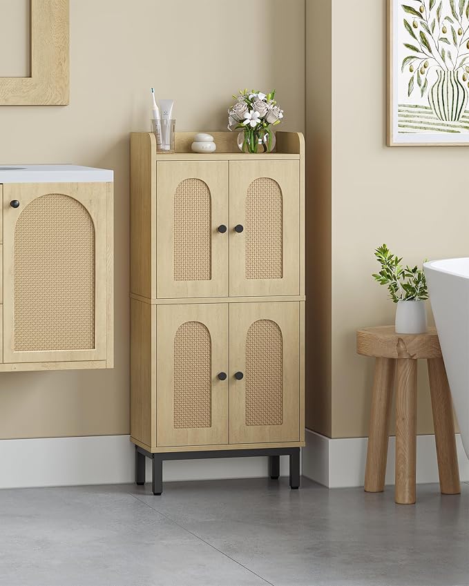 Bathroom Cabinet, Small Storage Cabinet with 4 Doors, Bathroom Organizers and Storage Cabinets with Adjustable Feet, Cabinets Freestanding for Living Room, Kitchen, 7.1"D x 14.6"W x 32.7"H